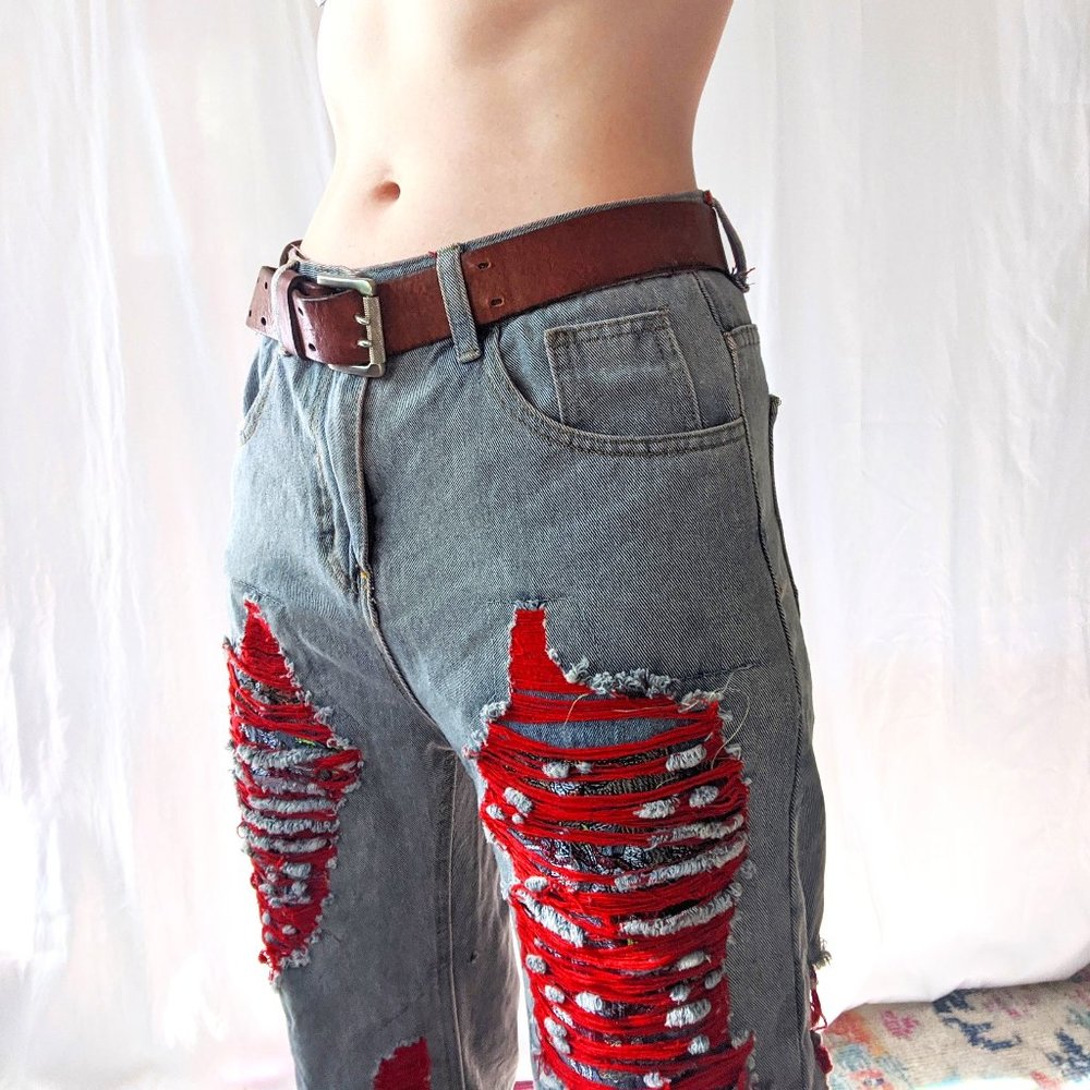 Absolutely RAD Ripped Embroidered Jeans Horseman of the Apocalypse Metal 28"